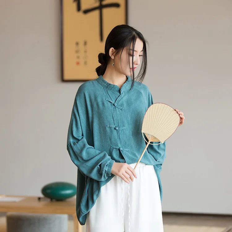 Chinese Style Women Long Sleeve Casual Shirt New Arrival 2024 Autumn Vintage Stand Collar Loose Female Basics Tops Shirts M249