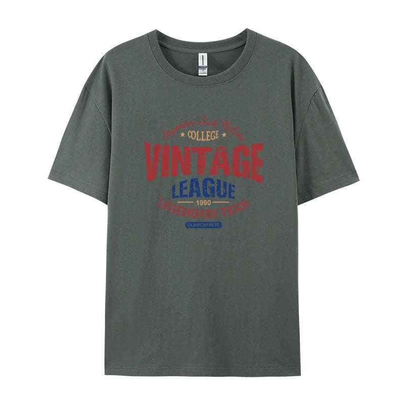 Vintage League Letter Print Womens T-Shirts Summer Fashion Cotton Tops Comfortable O-Neck Short Sleeve Soft Oversize Clothes