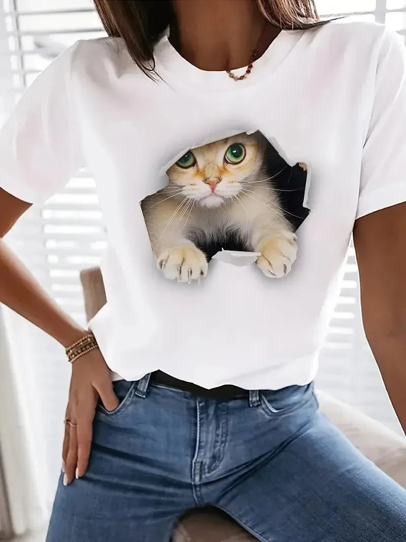 Cute Cat Print Crew Neck T-Shirt, Casual Short Sleeve T-Shirt for Spring & Summer, Women's Clothing Women Clothing Tops Harajuku