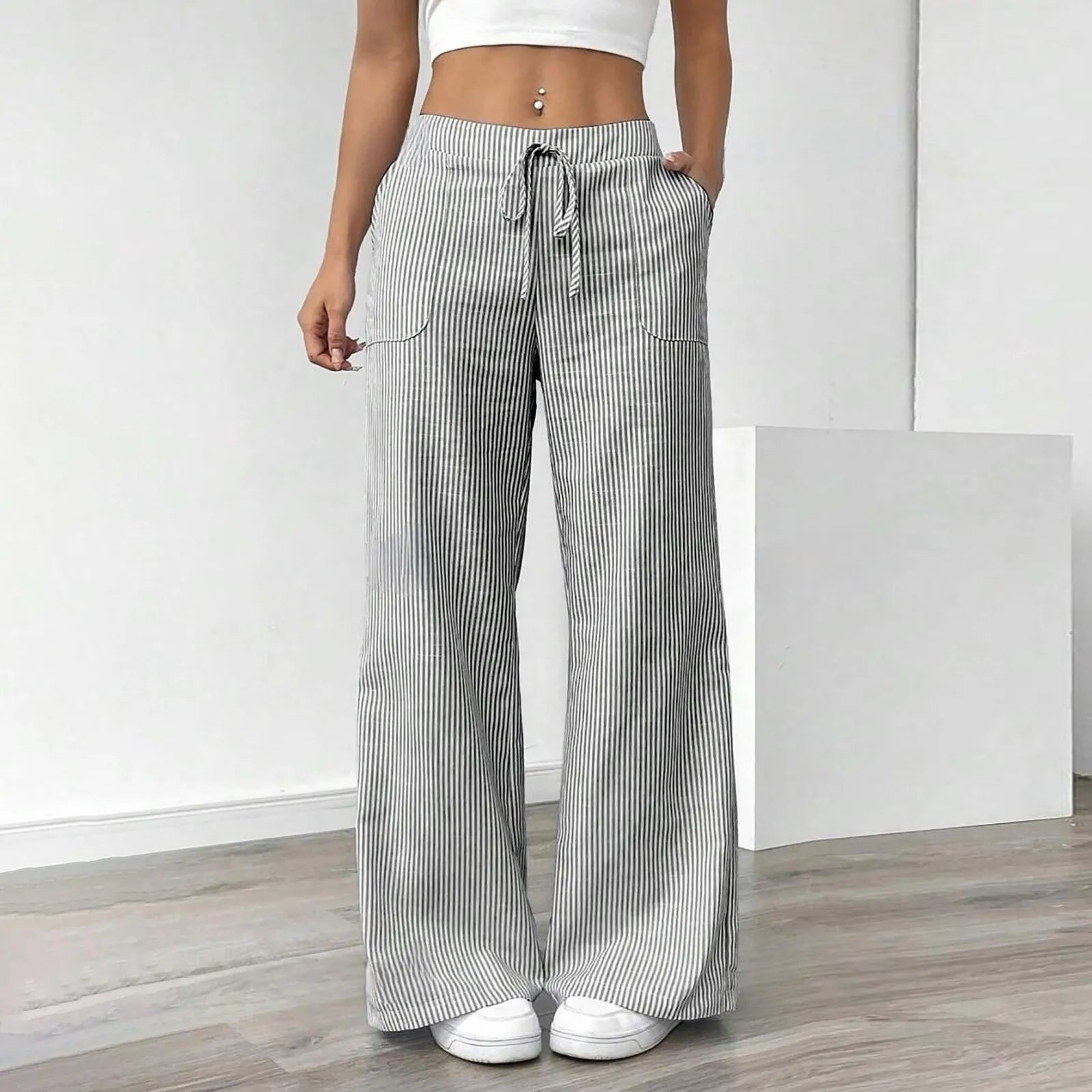 women's fashion Linen Straight Pants Drawstring Elastic high Waist Wide Leg Pants Vertical stripes print Trousers With Pockets