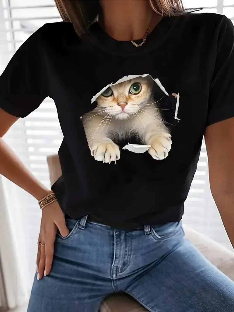 Cute Cat Print Crew Neck T-Shirt, Casual Short Sleeve T-Shirt for Spring & Summer, Women's Clothing Women Clothing Tops Harajuku