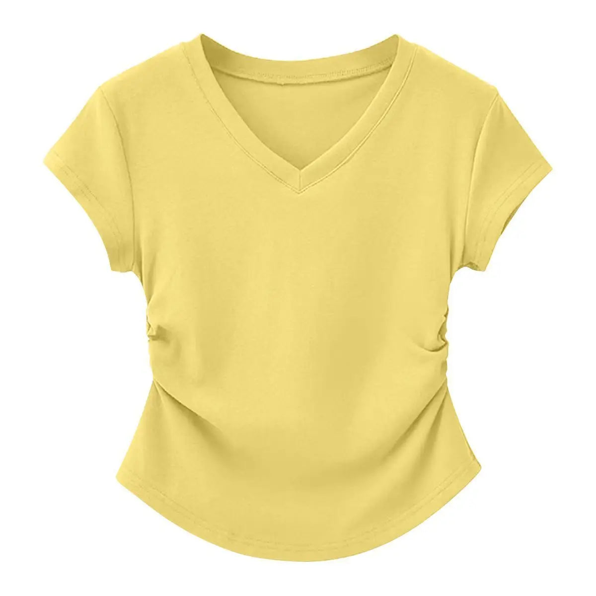 Summer V-neck T-shirt for Women Threaded Pleated Waist Solid Spicy Girl Short Sleeve Top Women's Clothing T-Shirt