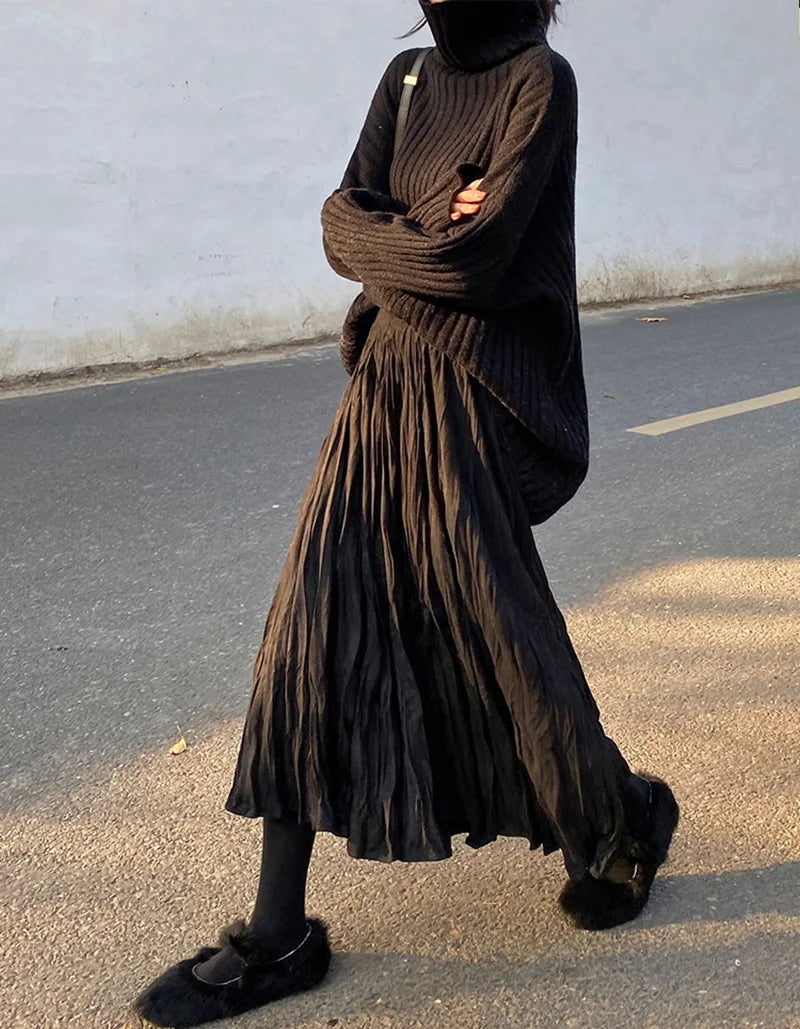 2022 Autumn Winter Wrinkled Black Pleated Skirt Women Korean Style Casual High Waisted A-Line Long Skirts Midi falda plisada