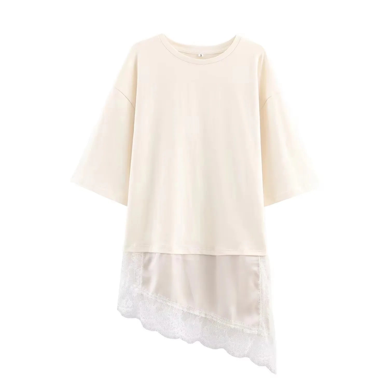 Women's Casual O-neck T-shirt Solid Irregular Lace Patchwork Short Sleeve Loose Fit White Top for Summer Streetwear 2026