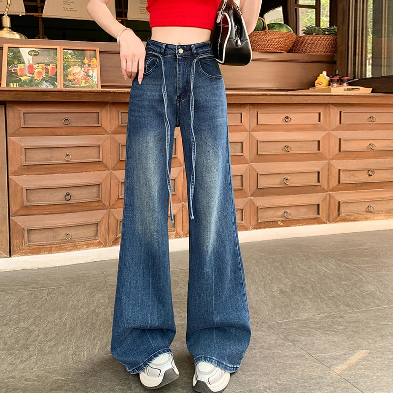2026 Spring Summer New Women's High Quality Stretchy Jeans High Waist Drawstring Loose Floor-Length Flared Pants