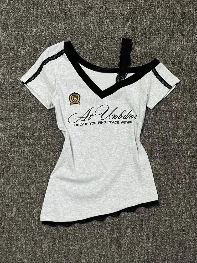 White-Gray Lace Sport Sexy Summer Off shoulder Top Women Y2k V neck Short sleeve T shirt Fashion Korean Lady Basic Tees 2026 New