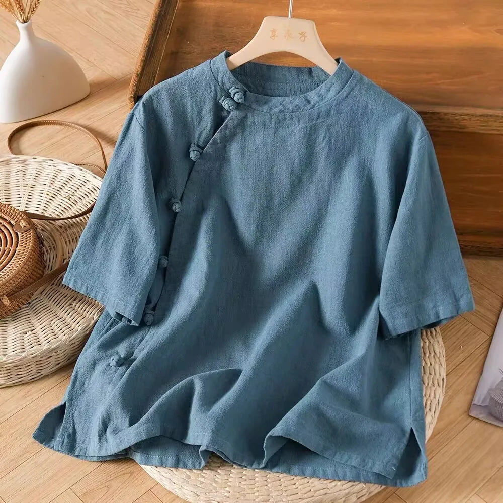 New Chinese Sle Cotton Linen ort Sve irt Women's Summer New Unique Beautiful Tea Costume Side Buttoned Top