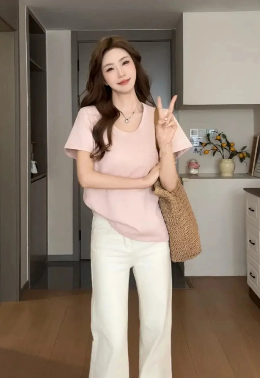 Sweet-style V-neck Loose-fit Short-sleeved T-shirt Women Summer Lazy-chic Versatile Casual Plain Colour Soft Cotton