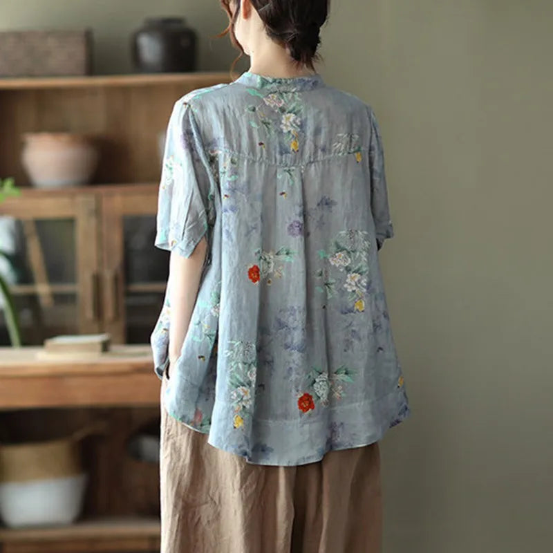 Women Cotton Linen Casual Shirts New Arrival 2021 Summer Vintage Floral Print Loose Female Short Sleeve Tops B733