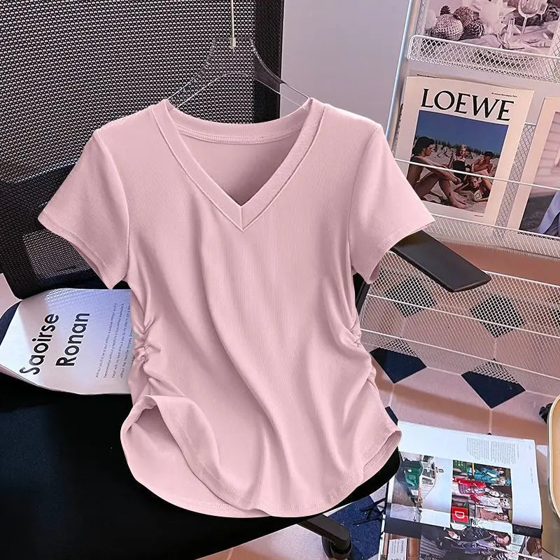 Summer V-neck T-shirt for Women Threaded Pleated Waist Solid Spicy Girl Short Sleeve Top Women's Clothing T-Shirt