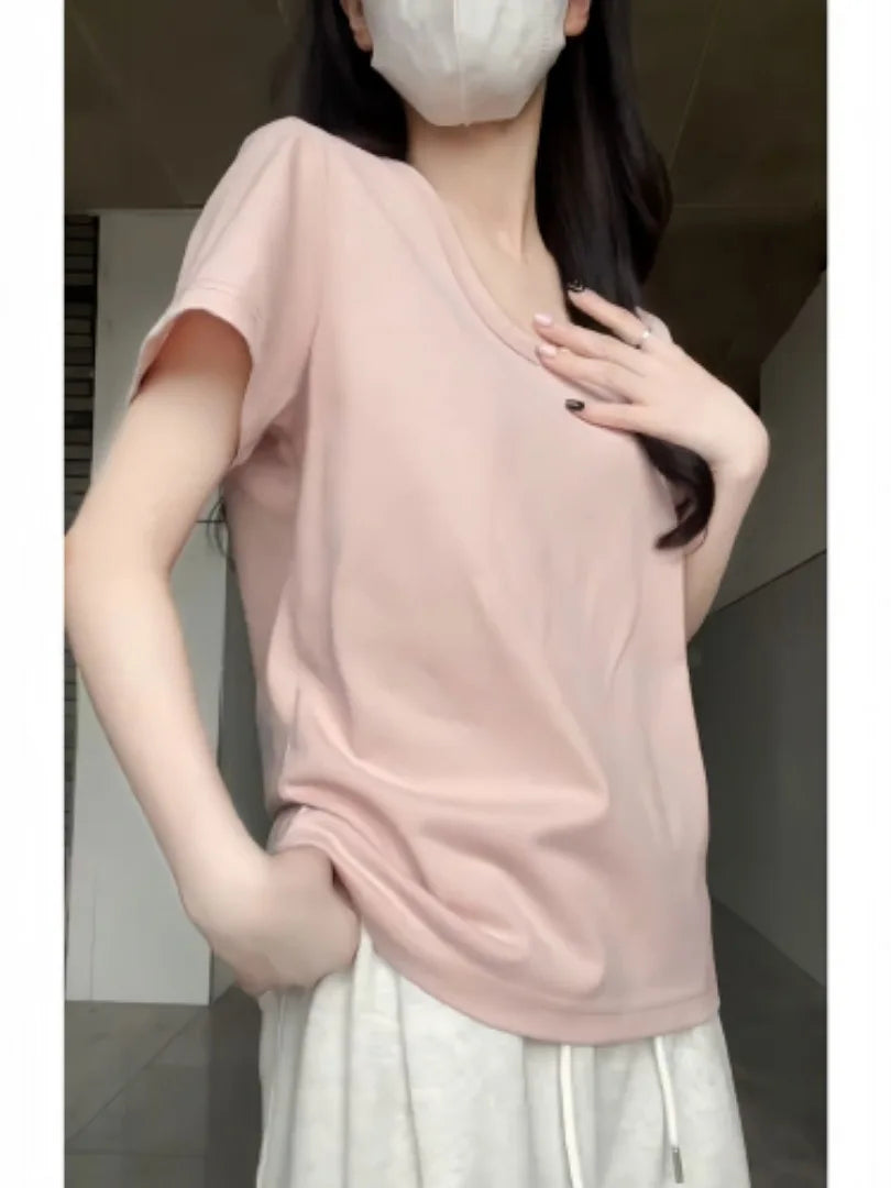 Sweet-style V-neck Loose-fit Short-sleeved T-shirt Women Summer Lazy-chic Versatile Casual Plain Colour Soft Cotton