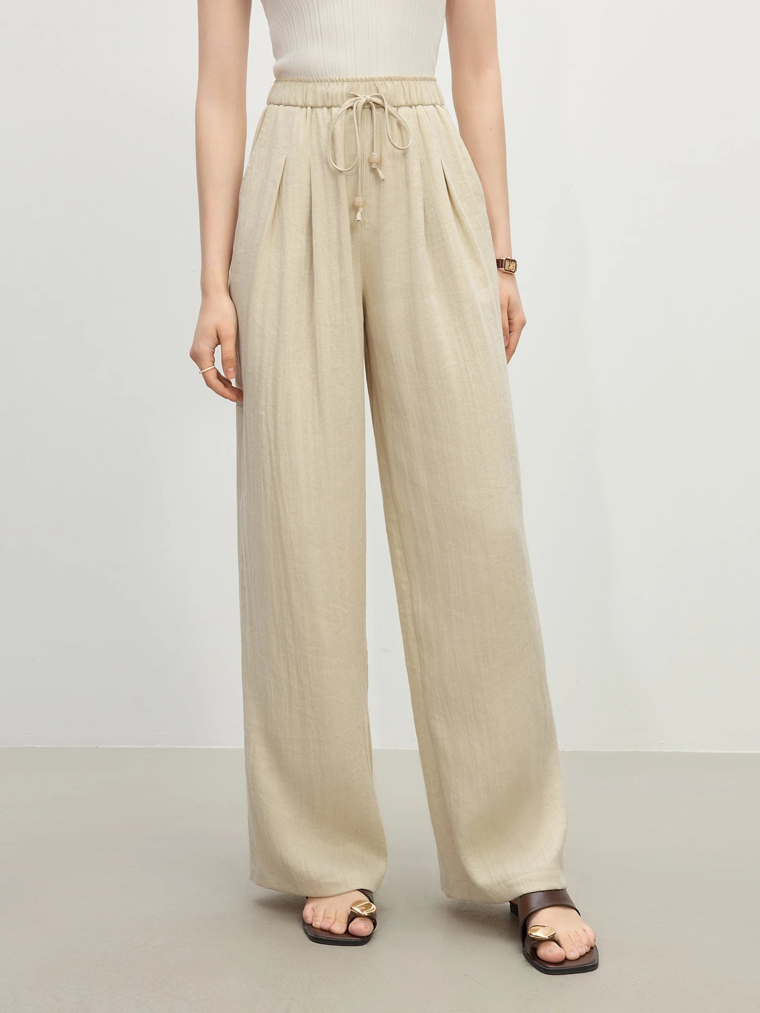 FSLE MInimalism Style Linen Straight Elastic HIgh Waist Casual Pants For Women Summer 2025 New Arrival Loose Pants 25FS12333