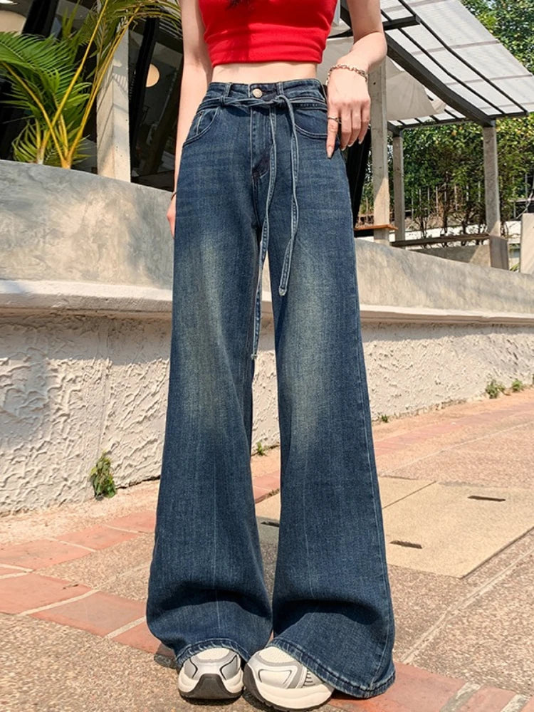 2026 Spring Summer New Women's High Quality Stretchy Jeans High Waist Drawstring Loose Floor-Length Flared Pants