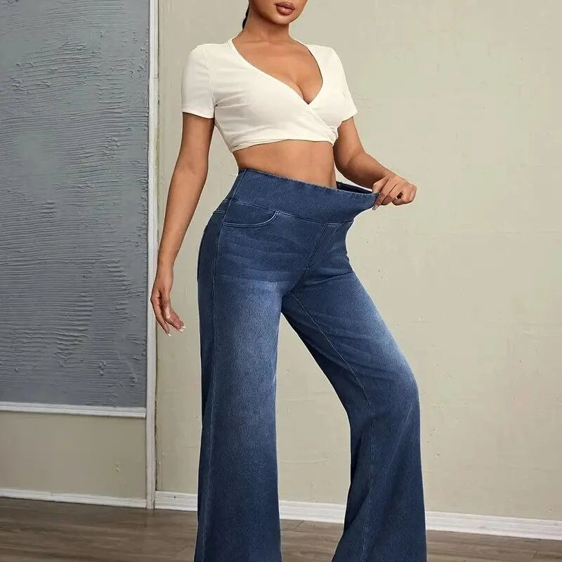 Autumn and Winter Trend Style Rubber-waisted Loose High-elasticity Denim Straight-leg Pants Are Versatile  Fashionable for Women