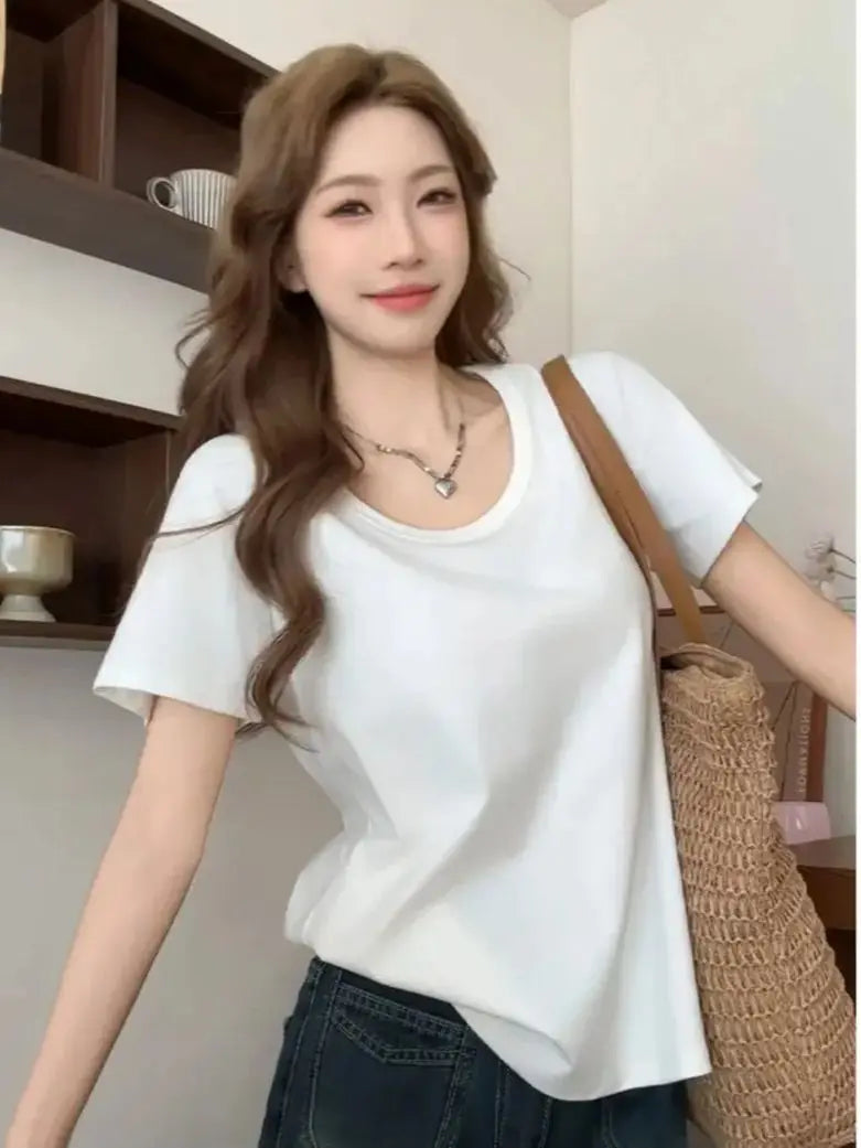 Sweet-style V-neck Loose-fit Short-sleeved T-shirt Women Summer Lazy-chic Versatile Casual Plain Colour Soft Cotton