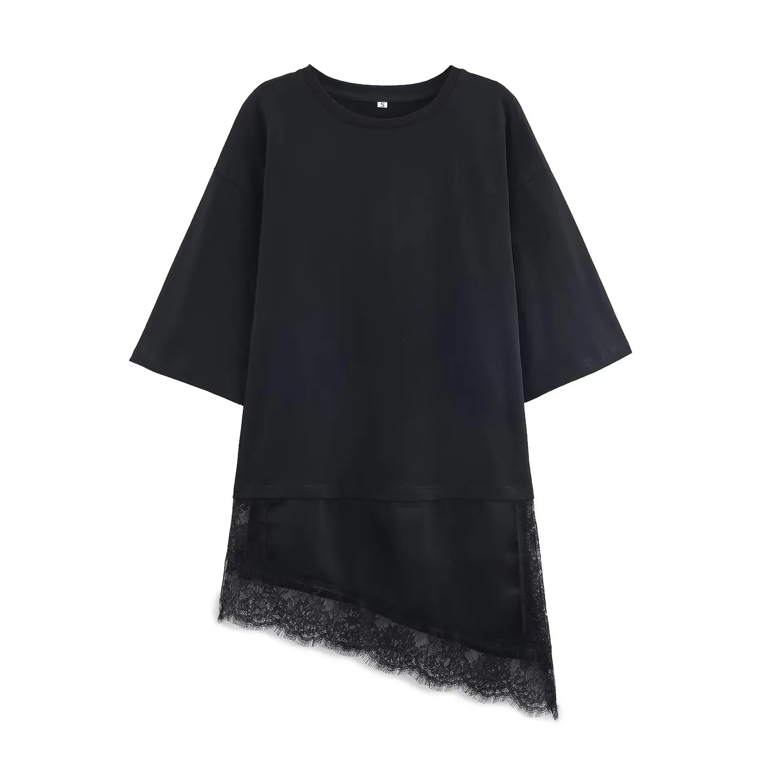 Women's Casual O-neck T-shirt Solid Irregular Lace Patchwork Short Sleeve Loose Fit White Top for Summer Streetwear 2026