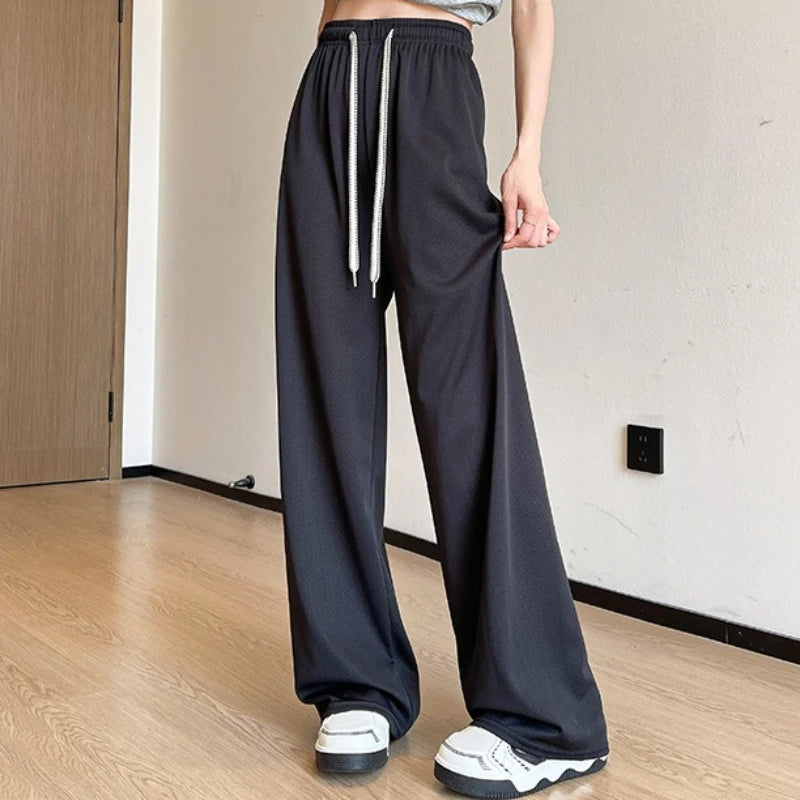 Spring Summer New Women's Wide Leg Pants Dipped Herringbone Pattern Ice Silk Casual Pants High Waist Straight Pants for Women