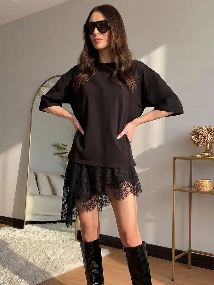 Women's Casual O-neck T-shirt Solid Irregular Lace Patchwork Short Sleeve Loose Fit White Top for Summer Streetwear 2026