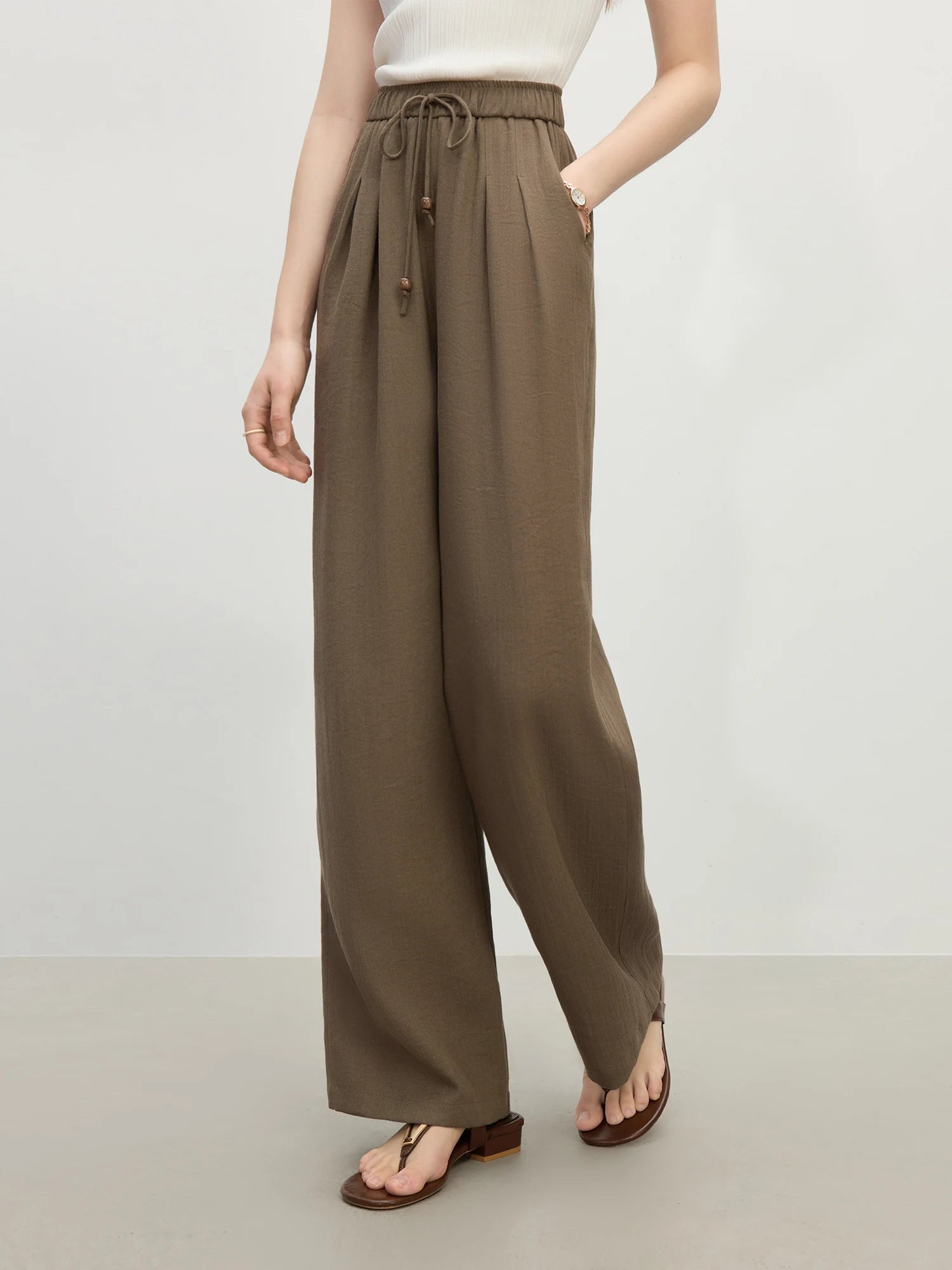 FSLE MInimalism Style Linen Straight Elastic HIgh Waist Casual Pants For Women Summer 2025 New Arrival Loose Pants 25FS12333