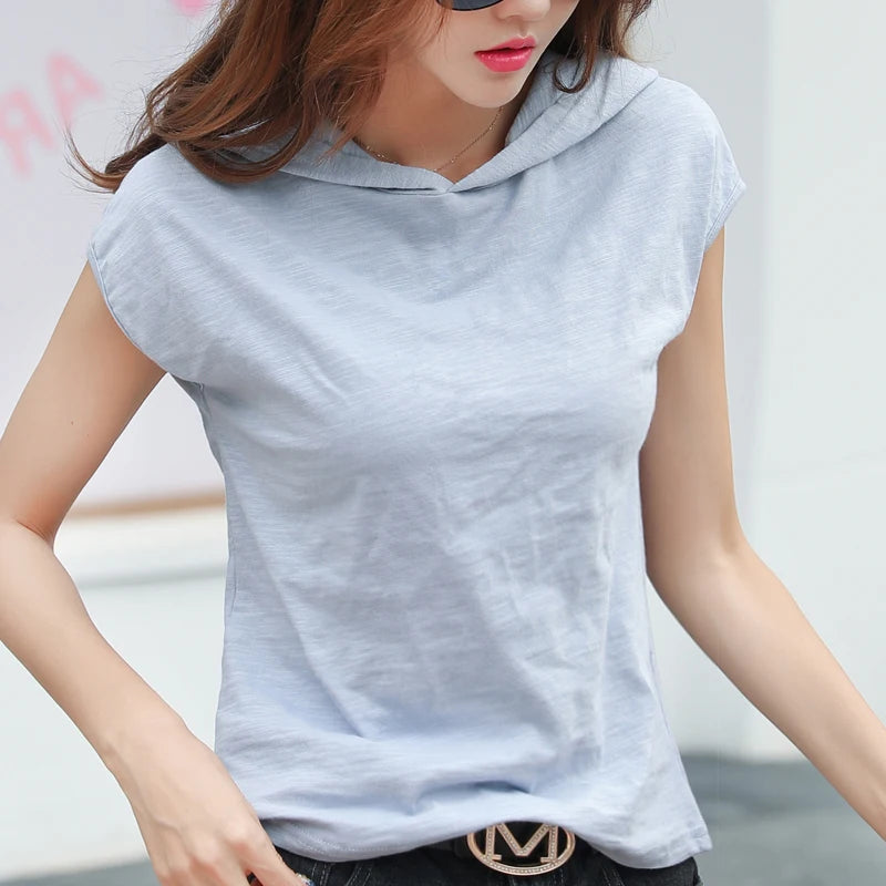 AOSSVIAO 2026 Summer Women's Short Sleeve Hooded T-Shirt Slub Cotton Korean Style Base Top Loose Casual Solid Color Tees