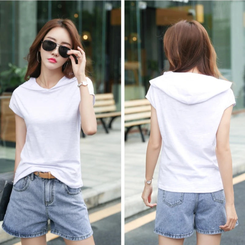 AOSSVIAO 2026 Summer Women's Short Sleeve Hooded T-Shirt Slub Cotton Korean Style Base Top Loose Casual Solid Color Tees