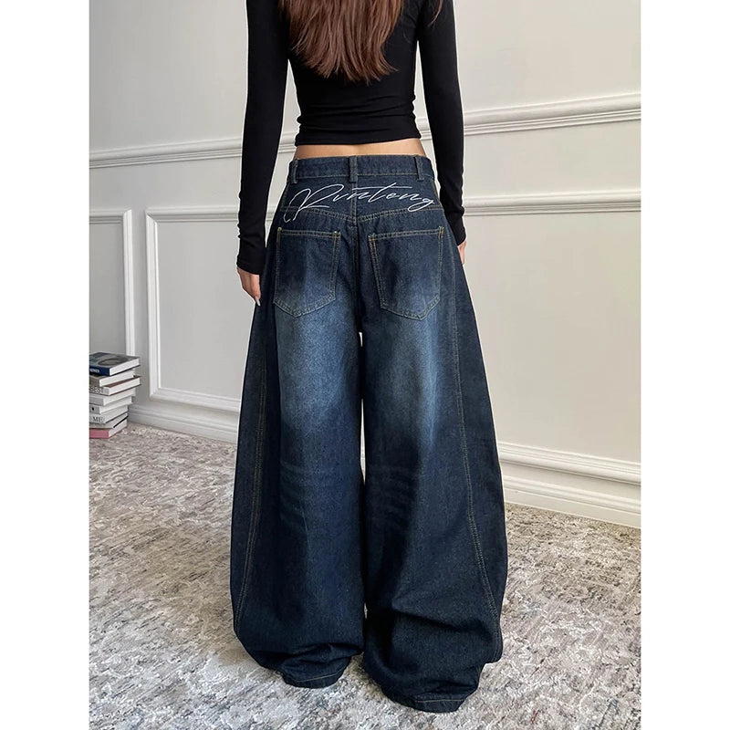 Blue Women's Retro Y2K 2000s Wide Leg Baggy Casual Denim Trouser High Waist Loose Jeans 2024 Autumn Harajuku Full Length Pants
