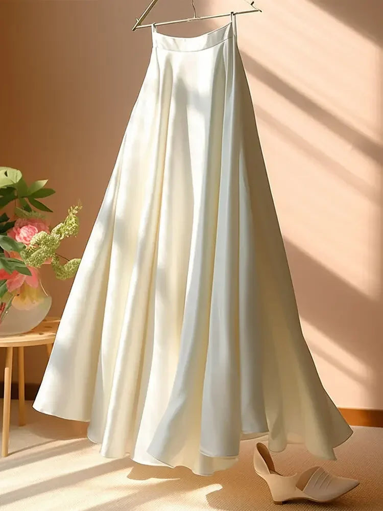 High Quality French Luxury Lady High Waist Long Skirt For Women 2024 New Spring Summer Korean Fashion Casual  A-line Satin Skirt