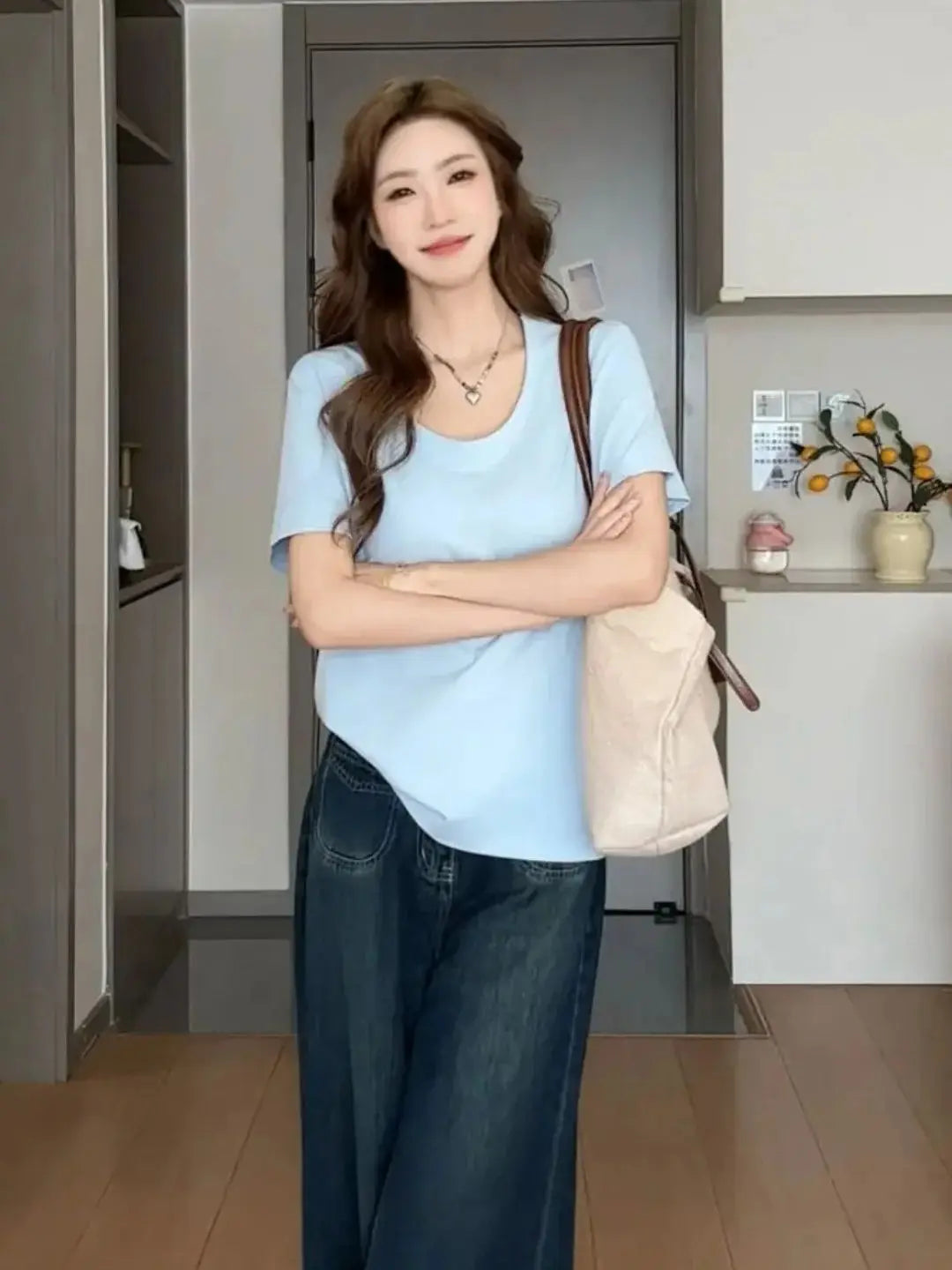 Sweet-style V-neck Loose-fit Short-sleeved T-shirt Women Summer Lazy-chic Versatile Casual Plain Colour Soft Cotton