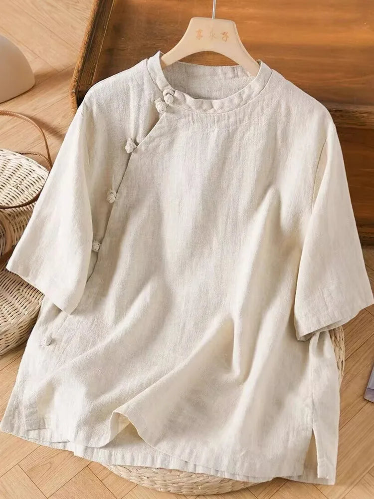 New Chinese Sle Cotton Linen ort Sve irt Women's Summer New Unique Beautiful Tea Costume Side Buttoned Top