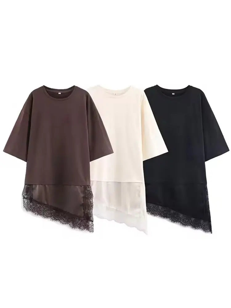 Women's Casual O-neck T-shirt Solid Irregular Lace Patchwork Short Sleeve Loose Fit White Top for Summer Streetwear 2026