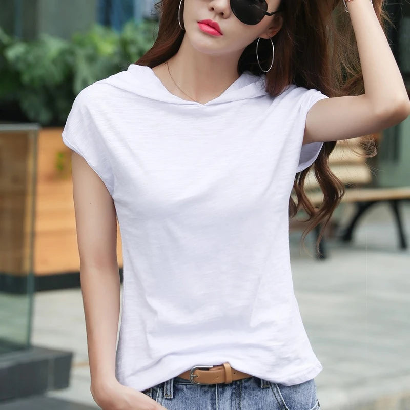 AOSSVIAO 2026 Summer Women's Short Sleeve Hooded T-Shirt Slub Cotton Korean Style Base Top Loose Casual Solid Color Tees