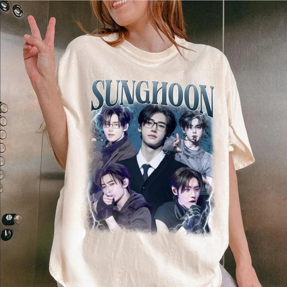 Sunghon Kpop Pattern Printed T-shirt for Women, Korean Style Top, Spring/Summer Pure Cotton Unisex Short Sleeve T-shirt