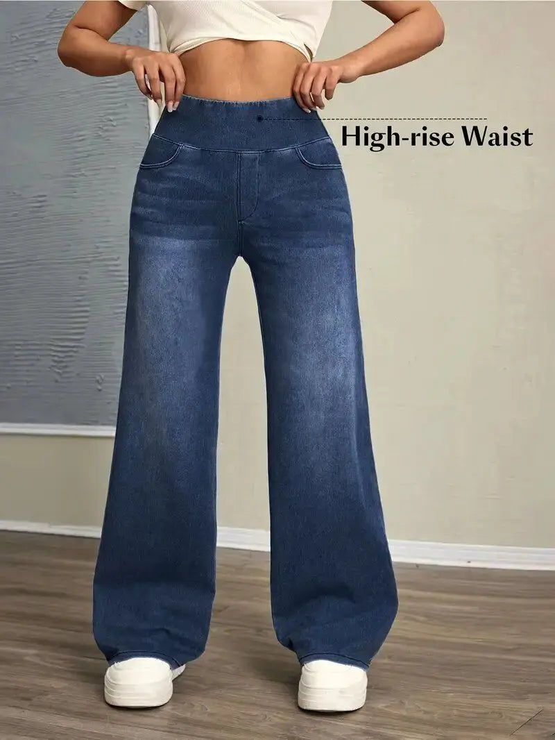 Autumn and Winter Trend Style Rubber-waisted Loose High-elasticity Denim Straight-leg Pants Are Versatile  Fashionable for Women