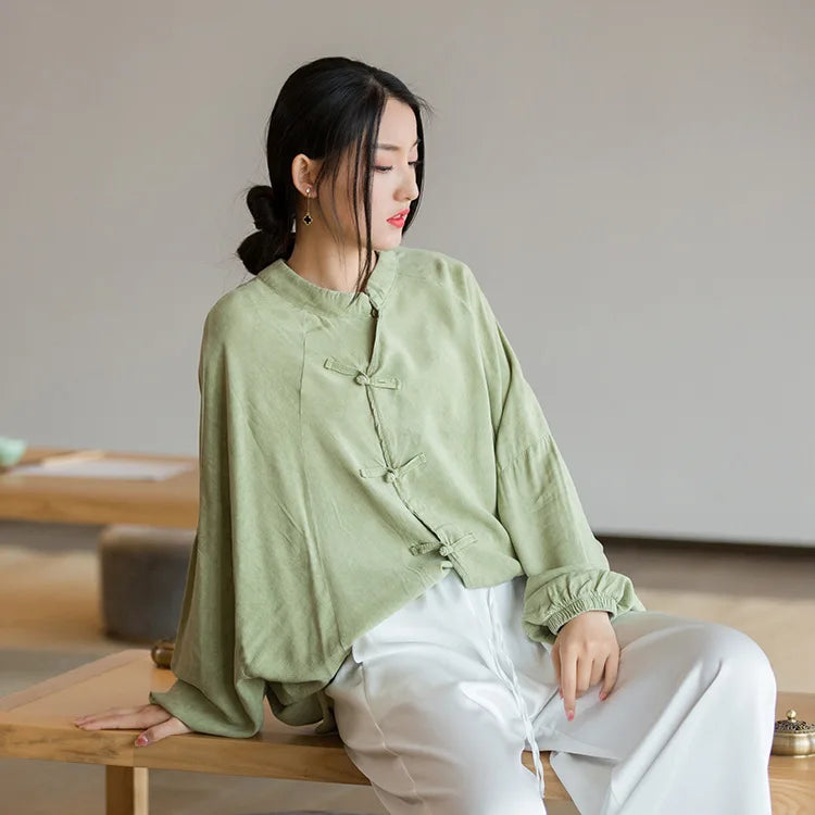 Chinese Style Women Long Sleeve Casual Shirt New Arrival 2024 Autumn Vintage Stand Collar Loose Female Basics Tops Shirts M249