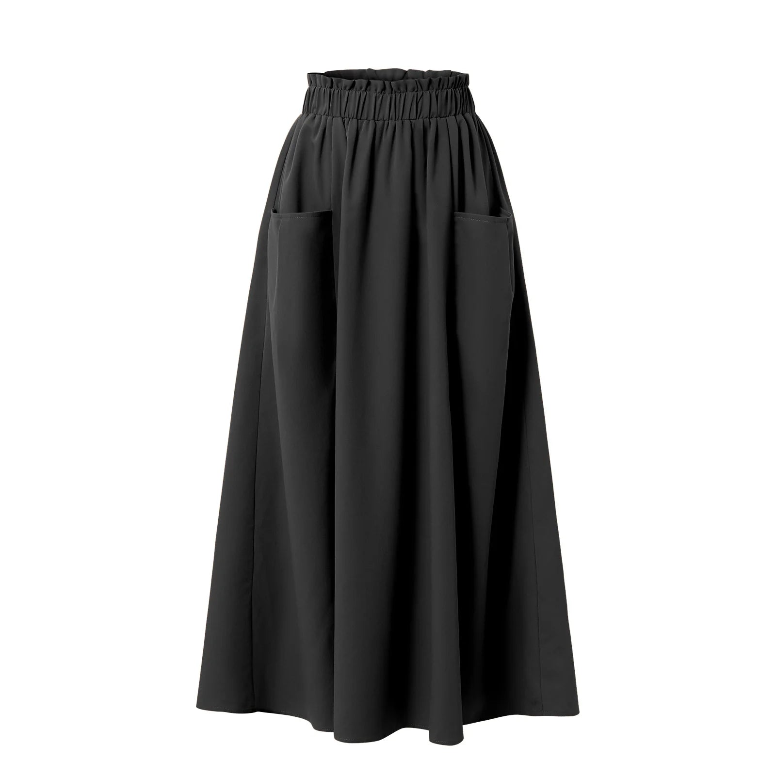 Women's High Waist  Midi Skirt with Pockets - Elastic Waist A-Line Flowy Skirt for Casual and Office Wear