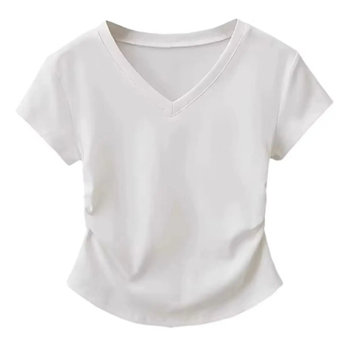 Summer V-neck T-shirt for Women Threaded Pleated Waist Solid Spicy Girl Short Sleeve Top Women's Clothing T-Shirt