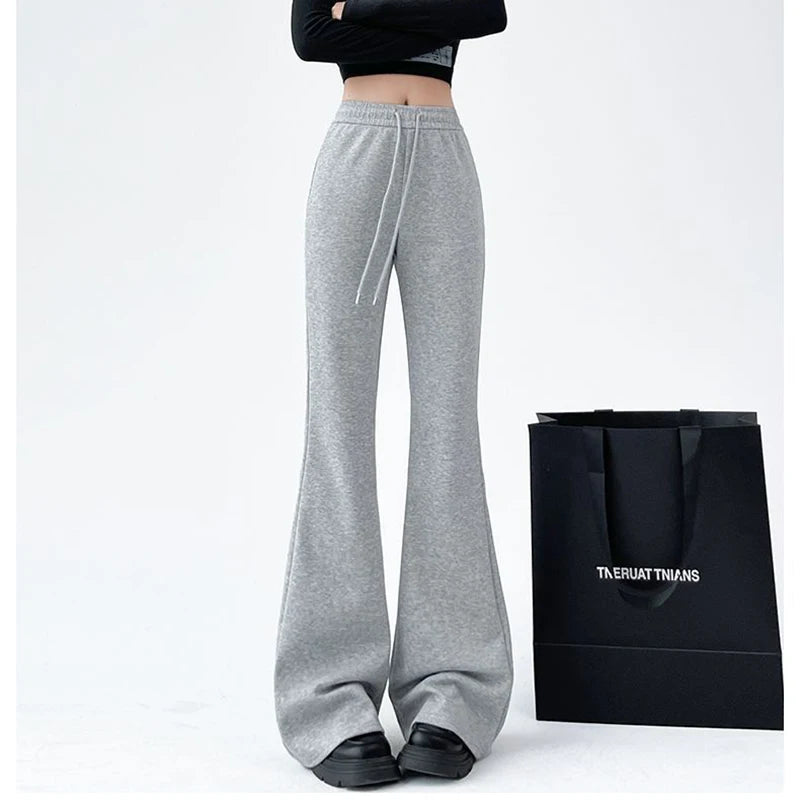 Women Classic High Waisted Flared Pants Lady Korean Drawstring Slim Fit Trousers Female Hot Sale Gray Casual Sweatpants