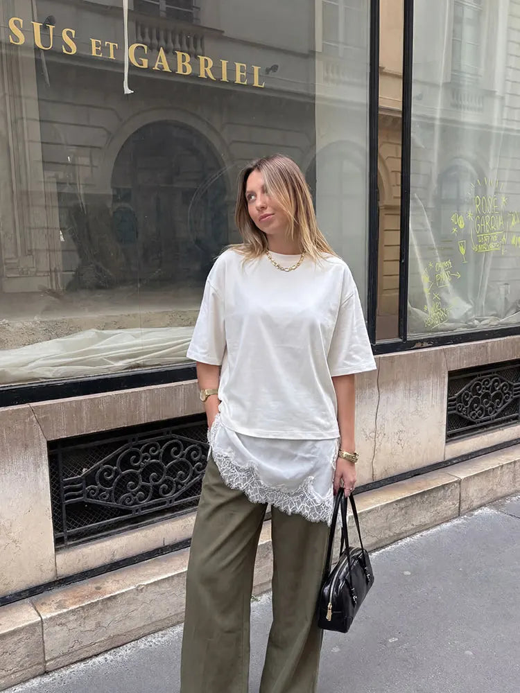 Women's Casual O-neck T-shirt Solid Irregular Lace Patchwork Short Sleeve Loose Fit White Top for Summer Streetwear 2026