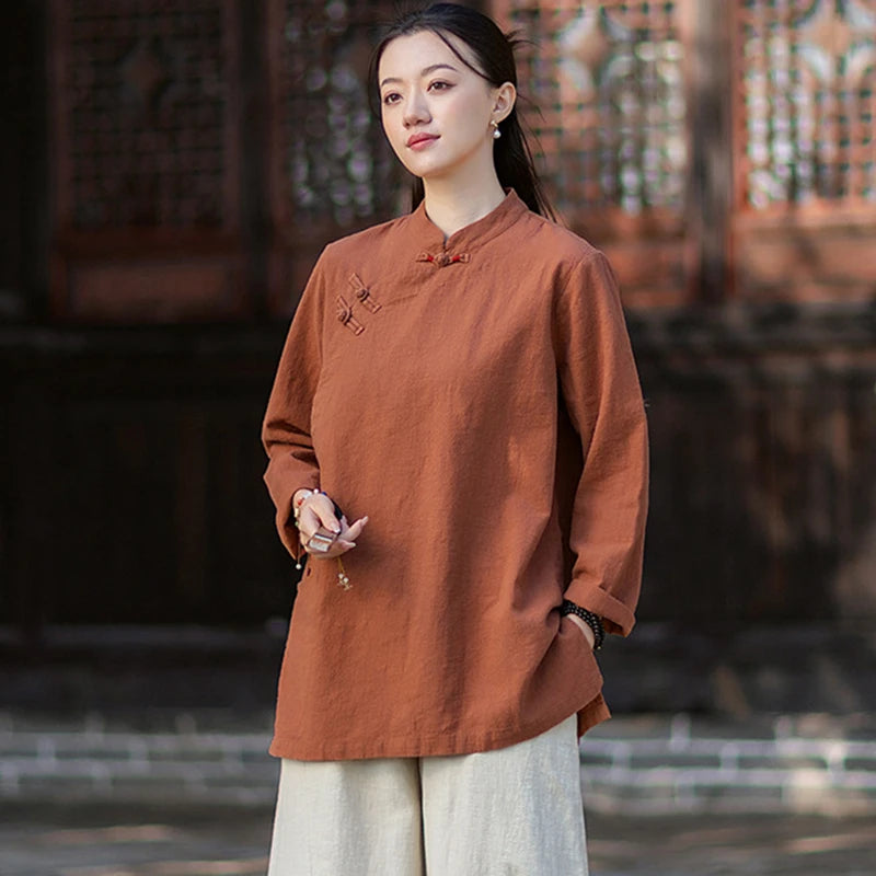 Chinese Style Women Cotton Linen Casual Shirt New 2026 Spring Vintage Frog Button Solid Color Loose Female Tops Shirts M2355