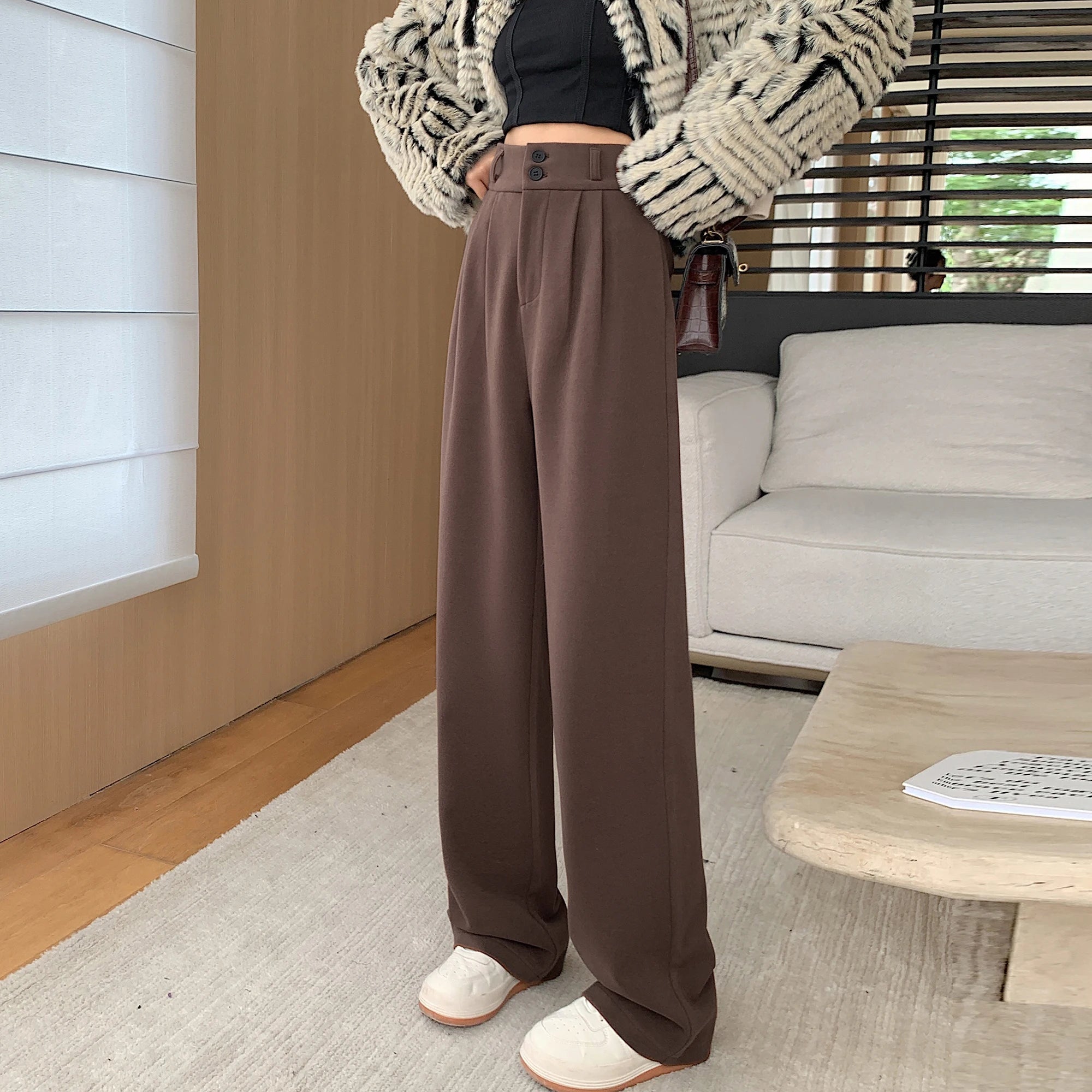 Autumn Winter High Waist Woolen Women's Wide Leg Pants 2025 New Button Korean Casual Loose Straight Full Length Trousers Female