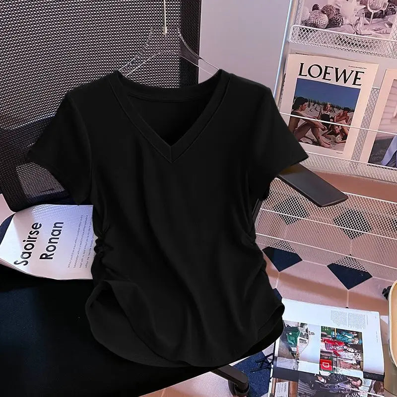 Summer V-neck T-shirt for Women Threaded Pleated Waist Solid Spicy Girl Short Sleeve Top Women's Clothing T-Shirt