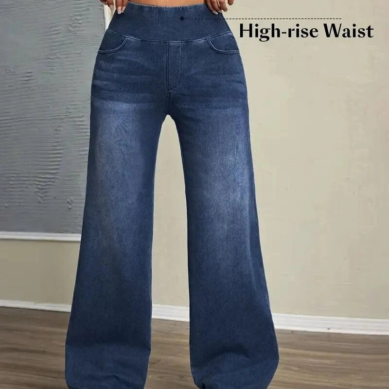 Autumn and Winter Trend Style Rubber-waisted Loose High-elasticity Denim Straight-leg Pants Are Versatile  Fashionable for Women