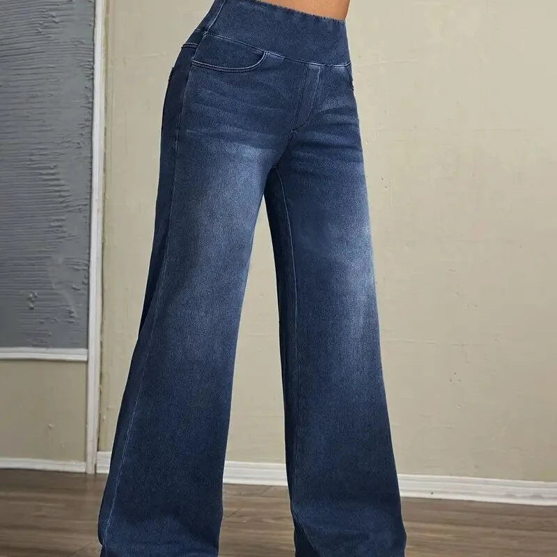 Autumn and Winter Trend Style Rubber-waisted Loose High-elasticity Denim Straight-leg Pants Are Versatile  Fashionable for Women