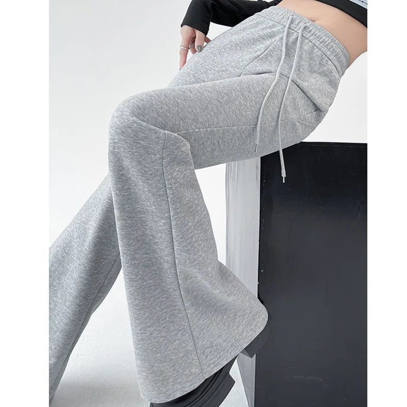 Women Classic High Waisted Flared Pants Lady Korean Drawstring Slim Fit Trousers Female Hot Sale Gray Casual Sweatpants