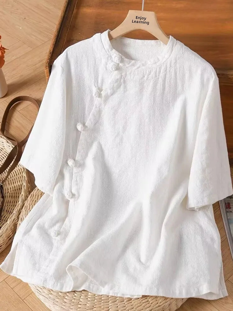 New Chinese Sle Cotton Linen ort Sve irt Women's Summer New Unique Beautiful Tea Costume Side Buttoned Top