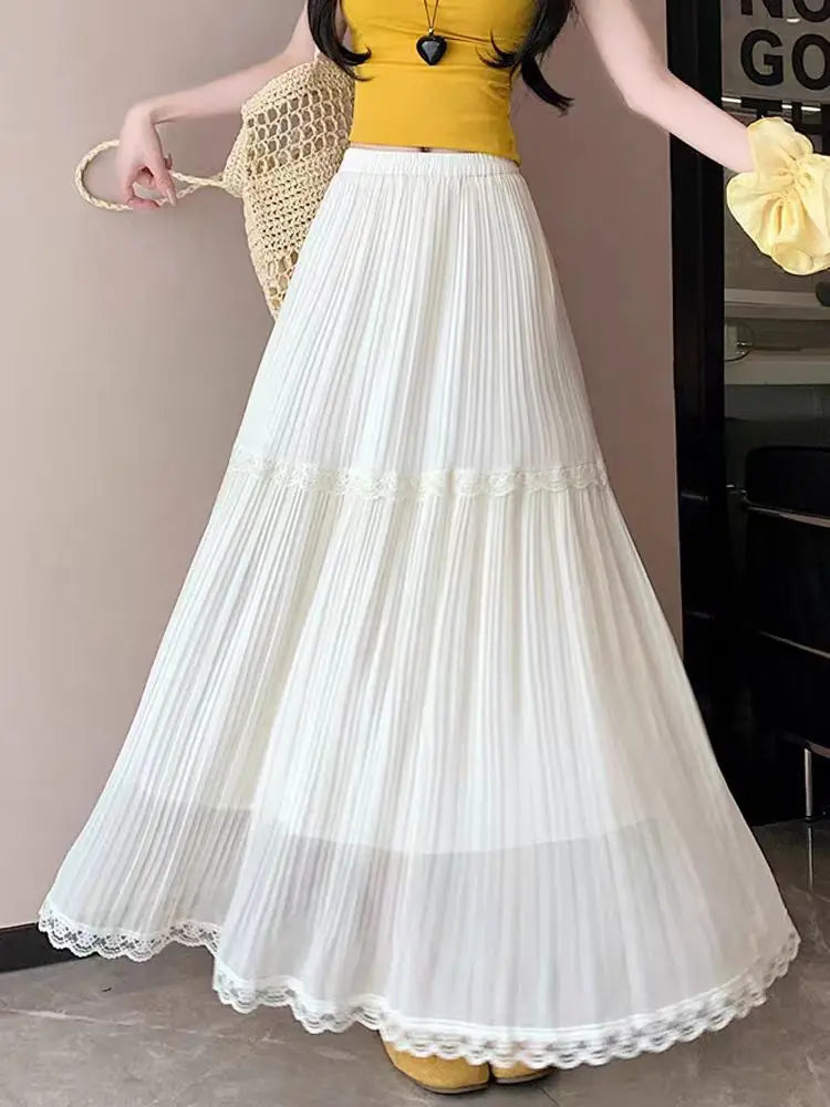 Summer High Waist Chiffon Pleated Skirt - Stretchy A-Line Flowy Midi Skirt with Lace Trim, Slimming Casual Long Skirt for Women