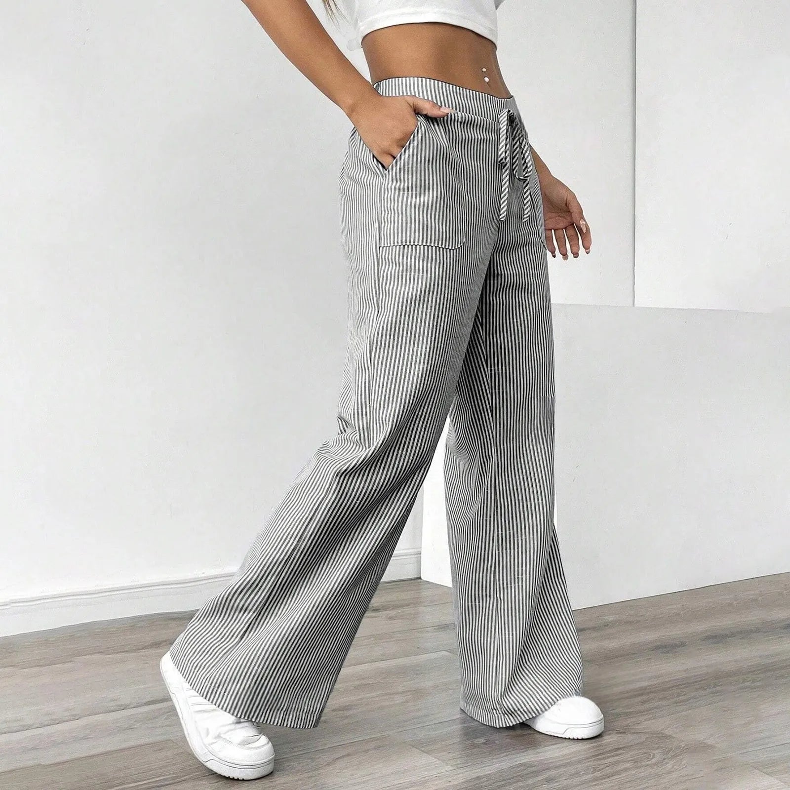 women's fashion Linen Straight Pants Drawstring Elastic high Waist Wide Leg Pants Vertical stripes print Trousers With Pockets