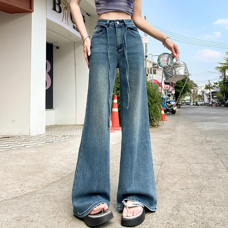 2026 Spring Summer New Women's High Quality Stretchy Jeans High Waist Drawstring Loose Floor-Length Flared Pants