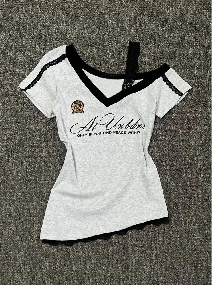 White-Gray Lace Sport Sexy Summer Off shoulder Top Women Y2k V neck Short sleeve T shirt Fashion Korean Lady Basic Tees 2026 New