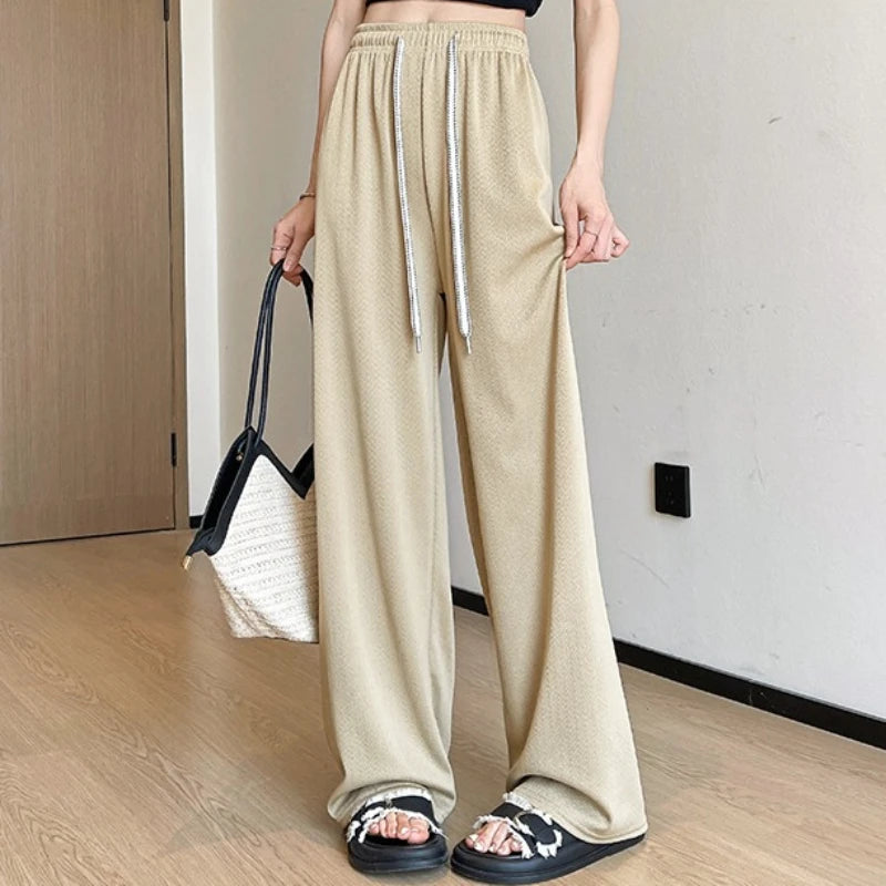 Spring Summer New Women's Wide Leg Pants Dipped Herringbone Pattern Ice Silk Casual Pants High Waist Straight Pants for Women
